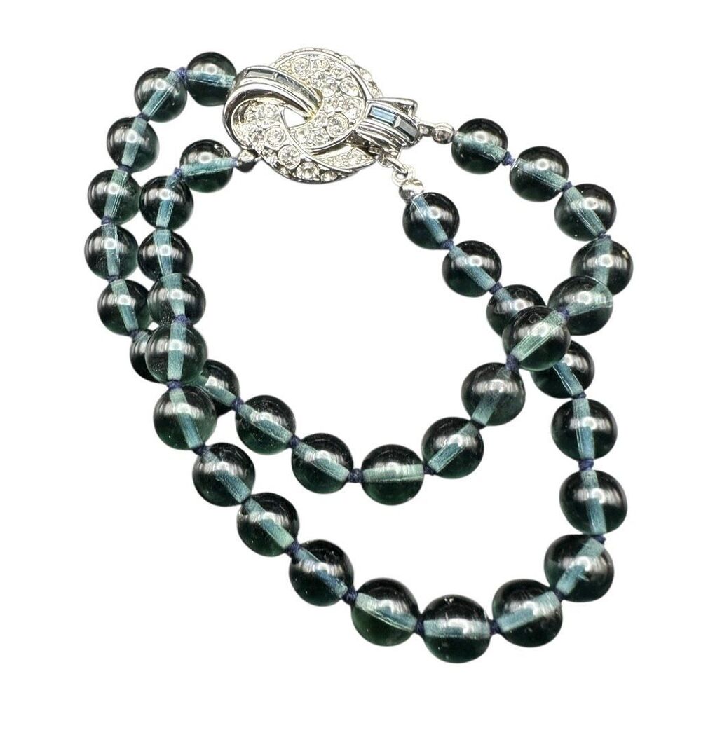 Vintage Nolan Miller Signed Double Strand Teal Glass Bead Bracelet Pavé Rhinesto
